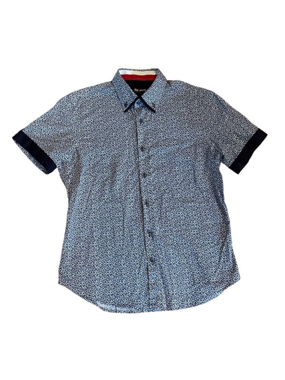 Re Camicie Short Sleeve Shirt Mens L Blue & White Button Up Navy Trim Abstract